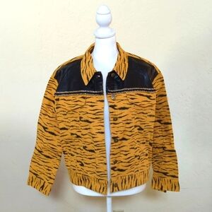 english rose Distressed Tiger Print Faux Leather Paneled Denim Jacket Size S-M